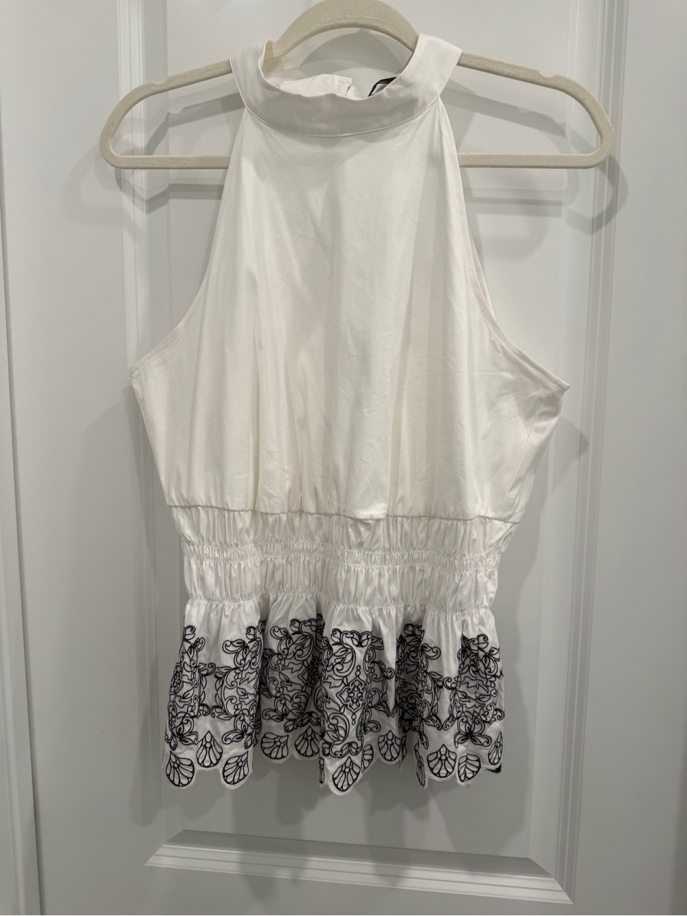White House Black Market White Halter Peplum Top with Black Embroidery